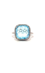 Slver ring with a large, oval-shaped blue topaz gemstone