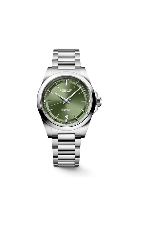 Longines ith a green sunray dial and stainless steel bracelet.