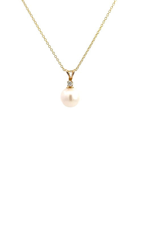 Gold necklace with white pearl pendant with diamond accent