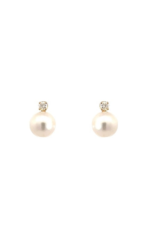 Front view of pair of gold pearl stud earrings.