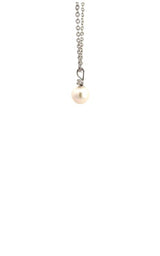 Side view of silver necklace with white pearl pendant with diamond accent