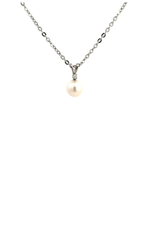 Silver necklace with white pearl pendant with diamond accent