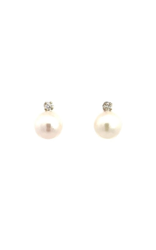 Front view of pair of gold pearl stud earrings.