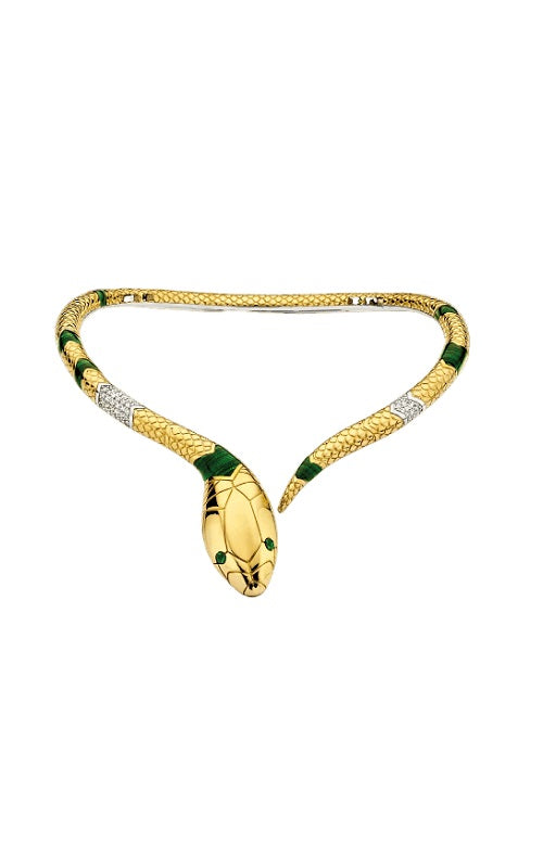 Gold snake necklace with green enamel detailing and diamond accents.