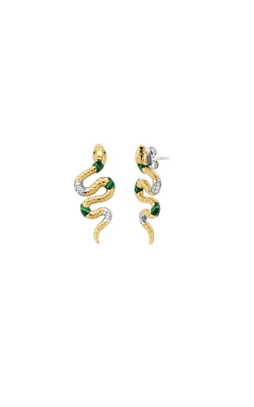 Gold snake drop earrings with malachite accents and diamond eyes.