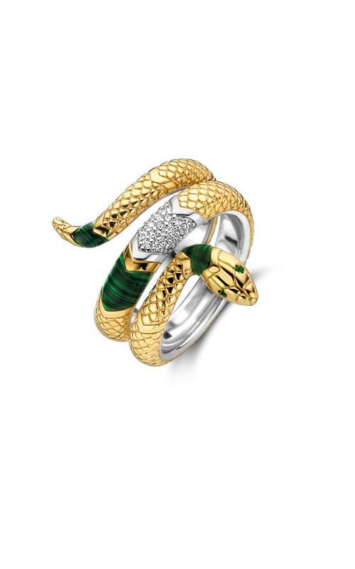 Silver ring featuring a gold-plated snake design with malachite accents and diamond eyes.