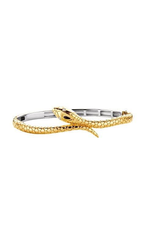 Silver bangle bracelet with a gold-plated snake design, featuring textured scales and diamond accents in the eyes.