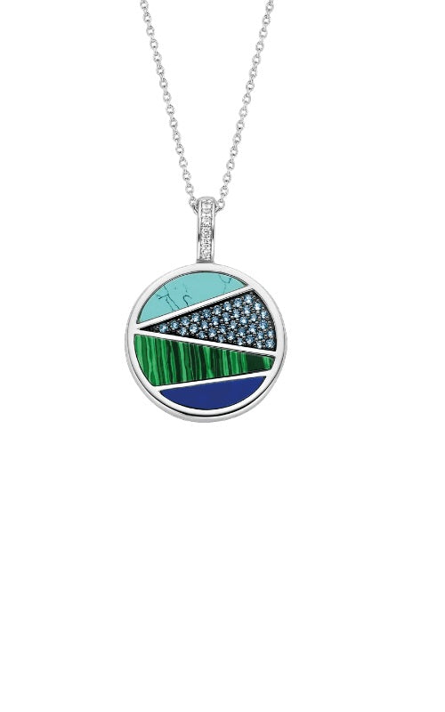 Silver ecklace with a round pendant featuring turquoise, malachite, lapis lazuli, and blue topaz stones, framed by a silver bezel with diamonds.