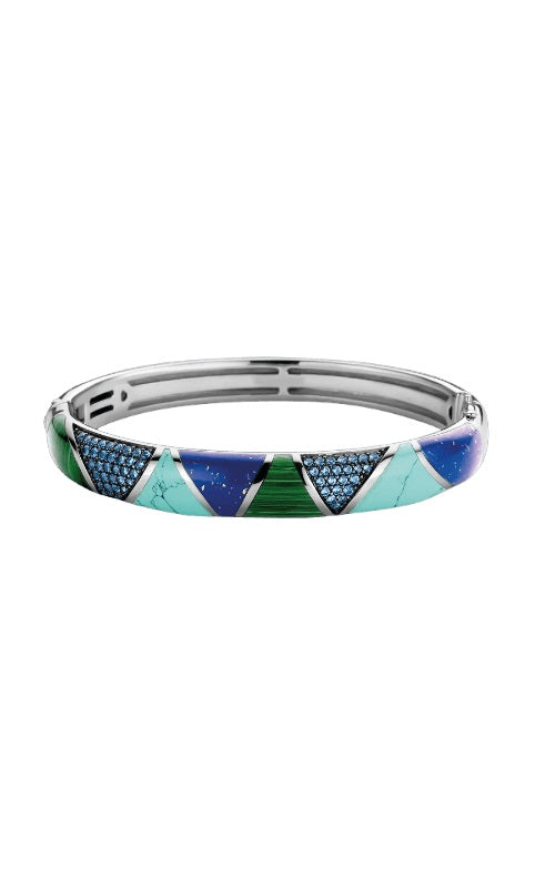 Silver bangle bracelet with a patchwork design featuring turquoise, malachite, lapis lazuli, and blue topaz stones, accented with diamonds