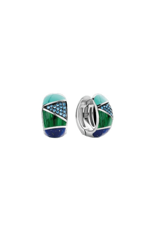 Silver hoops with turquoise, malachite, lapis lazuli, and blue topaz accents.