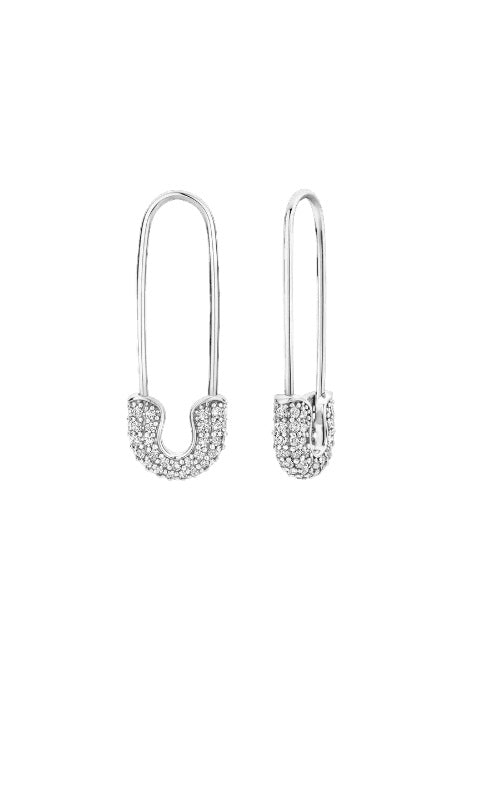 Silver safety pin earrings with a row of diamonds on the bottom edge.