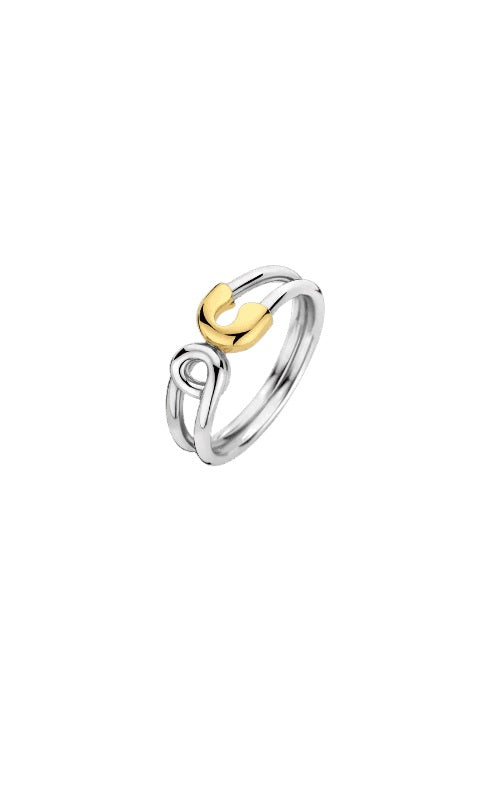 Two-tone silver and gold plated ring with a safety pin design.