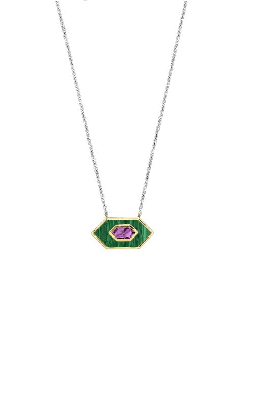 Necklace with a hexagonal pendant featuring a green malachite inlay and a purple amethyst stone, framed by a gold-plated bezel setting, suspended from a silver chain.