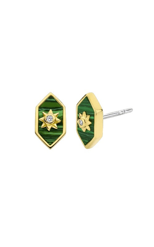  Gold hexagon-shaped stud earrings with a green malachite inlay and a small diamond starburst in the center.