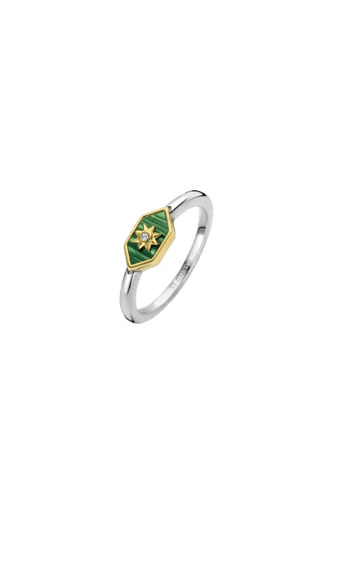 Silver ring with a gold hexagon-shaped bezel featuring a malachite inlay and a central diamond starburst