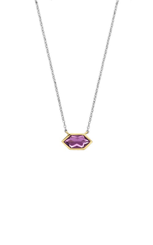 Silver necklace with a hexagonal purple stone in a gold bezel setting