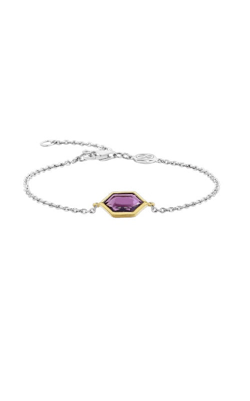 Silver bracelet with a hexagonal purple amethyst stone in a gold-plated bezel setting.