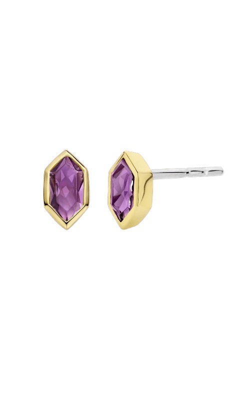 Pair of purple stud earrings with gold-plated hexagonal settings.