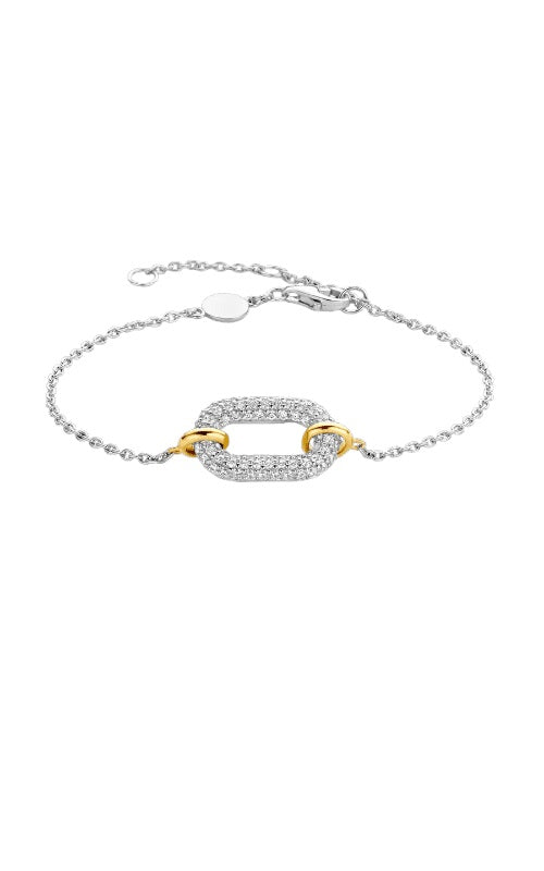 Silver bracelet with a mix of gold links featuring a pearl, diamonds in twisted link