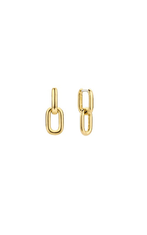  Gold double chain drop earrings with rectangular links.