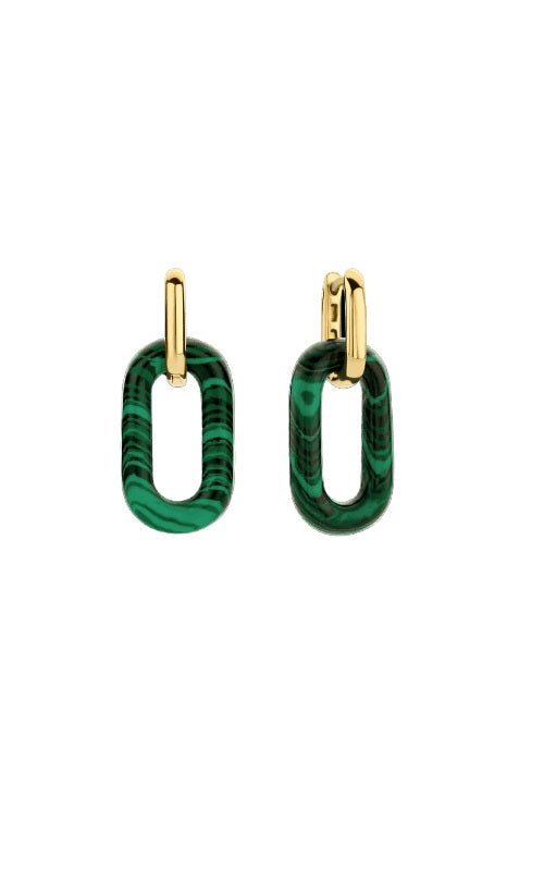 Gold hoop earrings with dangling green malachite oval links.