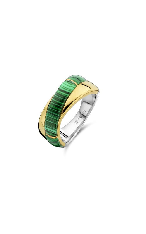 Ring with a crossover design featuring malachite and gold-plated accents.