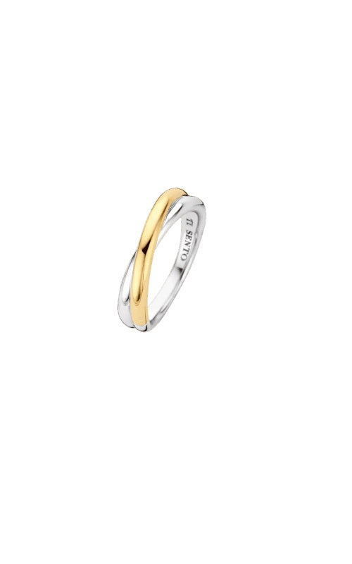 Two-tone silver and gold plated ring crossover design.