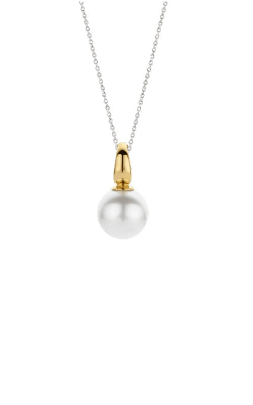 Silver chain necklace with a gold-plated pendant featuring a single freshwater pearl.