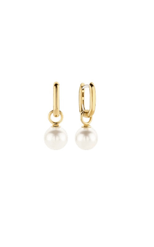 Gold-plated hoop earrings with dangling freshwater pearl drops.