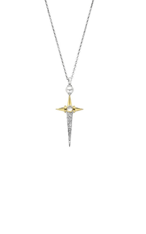 Silver chain with a gold-plated cross pendant featuring a pearl at the center and diamond accents.