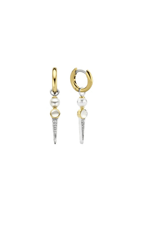 Gold-plated hoop earrings with dangling pearl and mother-of-pearl accents