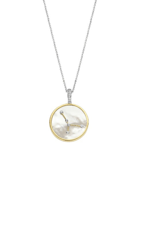 Silver chain necklace with a circular pendant featuring the Libra zodiac sign in gold and diamonds.