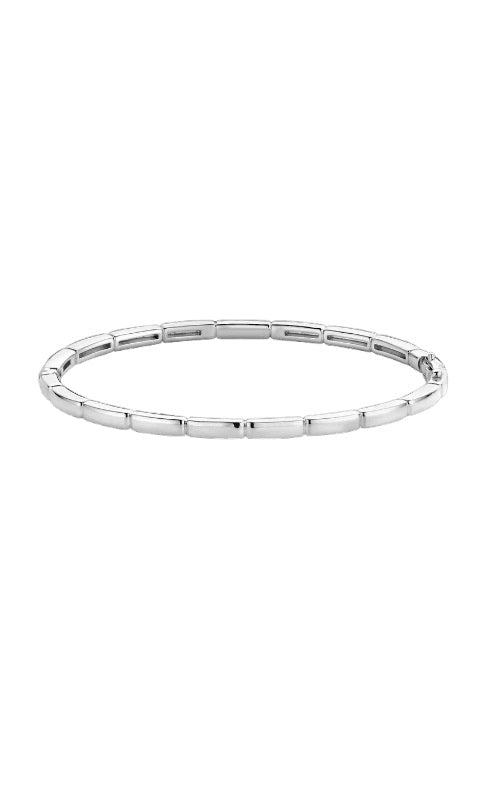 Silver bangle bracelet with a rectangular link design.