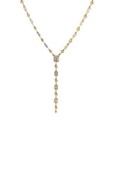 Gold lariat necklace with multiple rectangular and round gemstones.