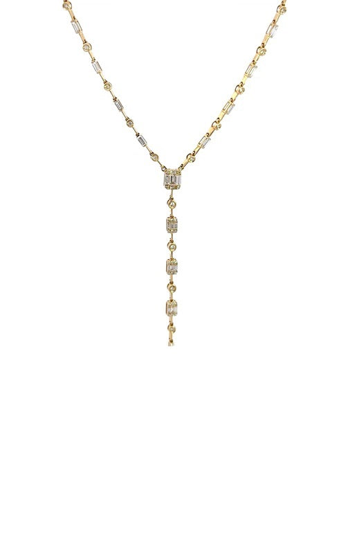 Gold lariat necklace with multiple rectangular and round gemstones.