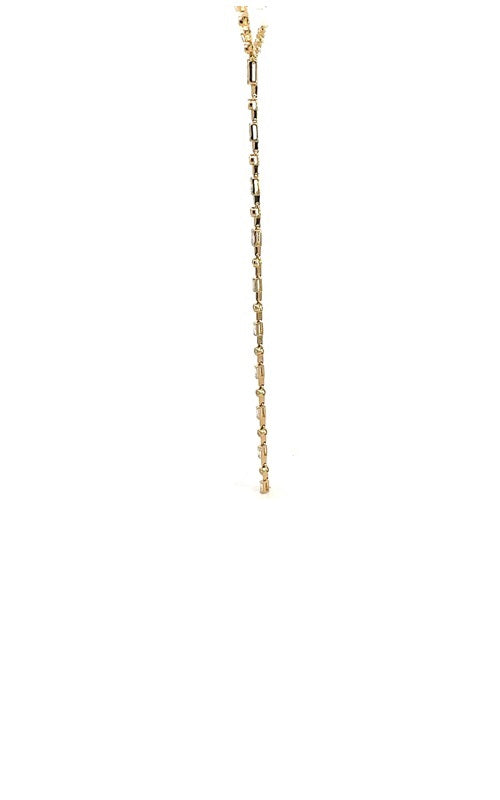 Gold lariat necklace with multiple rectangular and round gemstones.