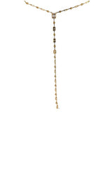 Gold lariat necklace with multiple rectangular and round gemstones.