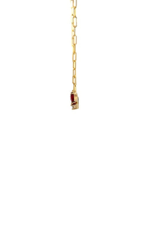 Gold link chain necklace with a rectangular diamond pendant and a pear-shaped ruby drop.