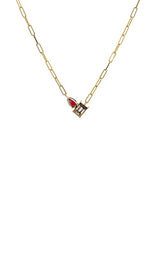 Gold link chain necklace with a rectangular diamond pendant and a pear-shaped ruby drop.