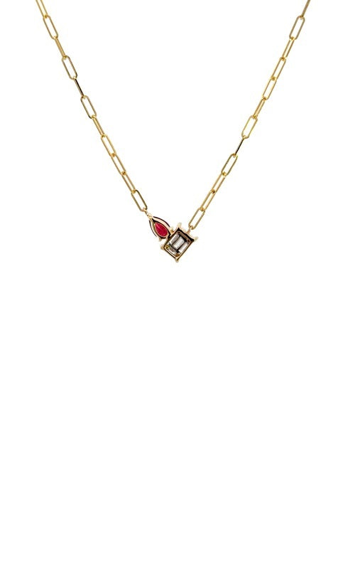 Gold link chain necklace with a rectangular diamond pendant and a pear-shaped ruby drop.