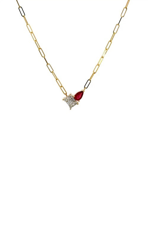 Gold link chain necklace with a rectangular diamond pendant and a pear-shaped ruby drop.