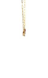 Gold link chain necklace with a rectangular diamond pendant and a pear-shaped ruby drop.