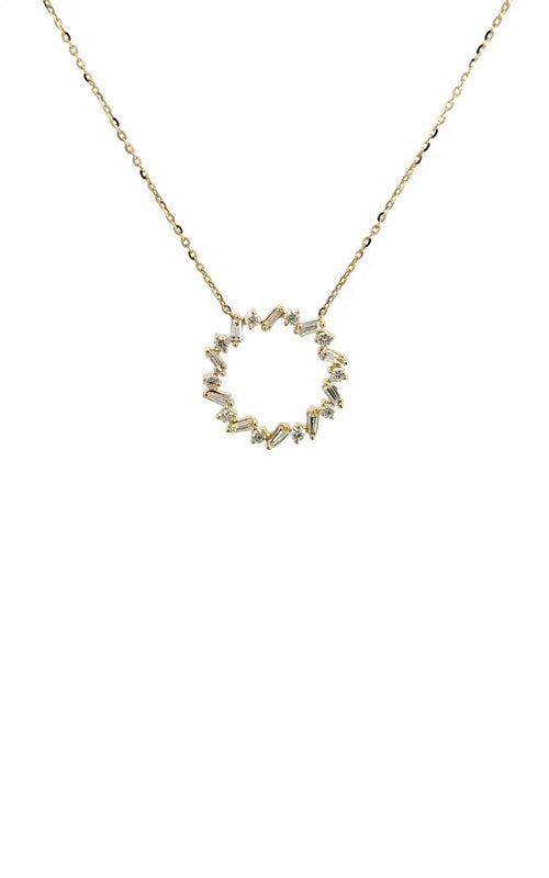 Gold necklace with a circular pendant featuring a geometric design of baguette-cut diamonds.