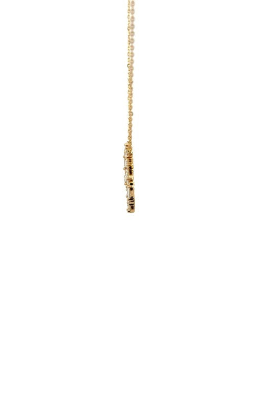 Gold necklace with a circular pendant featuring a geometric design of baguette-cut diamonds.