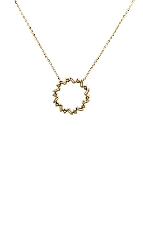 Gold necklace with a circular pendant featuring a geometric design of baguette-cut diamonds.