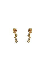 Gold stud earrings with a dangling geometric design featuring multiple small diamonds.