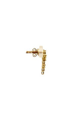 Gold stud earrings with a dangling geometric design featuring multiple small diamonds.