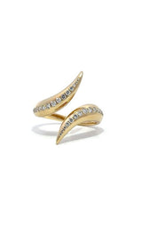 Gold ring with diamond accents, featuring a curved, open-ended design.