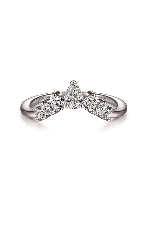 Silver band ring with prong set diamonds,  band is a V-shaped design.