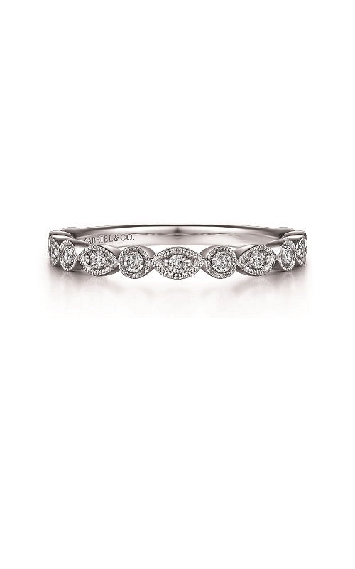 Silver band ring with  marquise and round shaped diamonds on a white background.